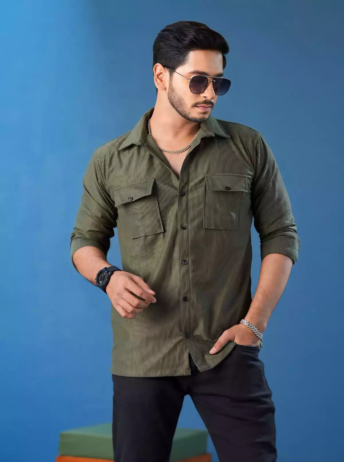 Olive Double Pocket Designer Shirt