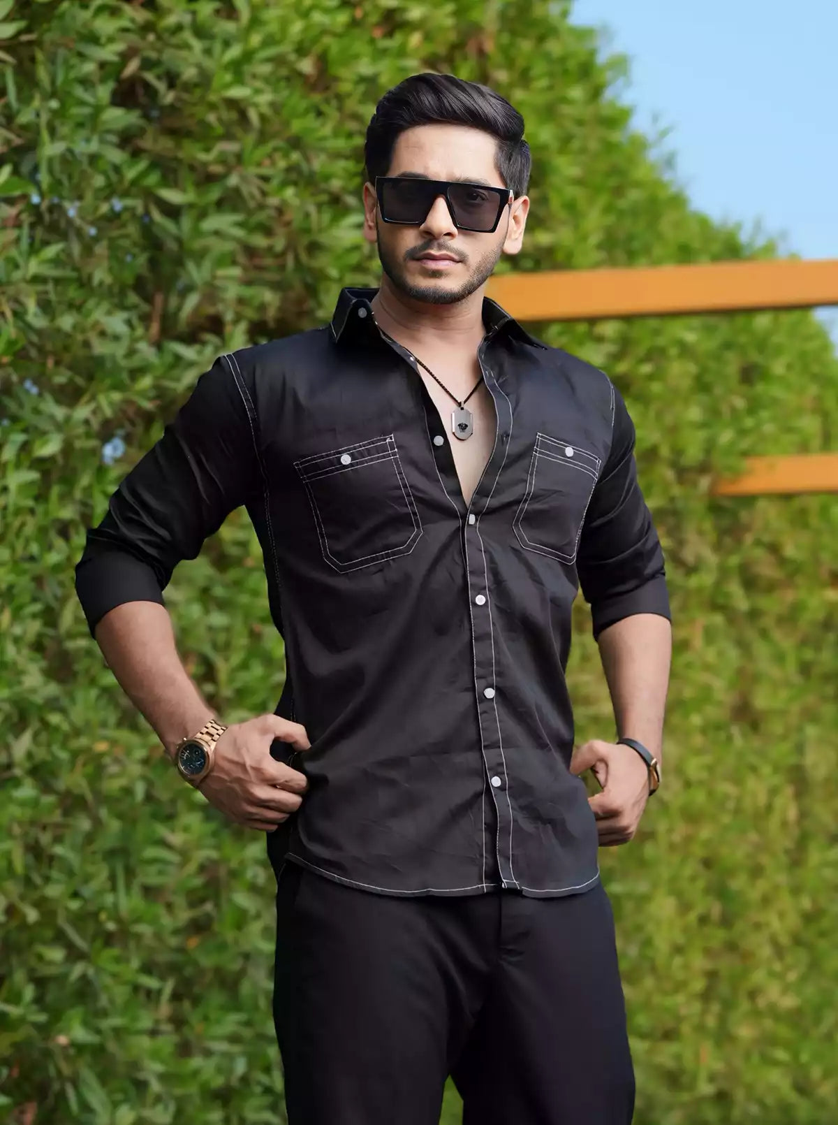White Border Double Pocket Designer Shirt