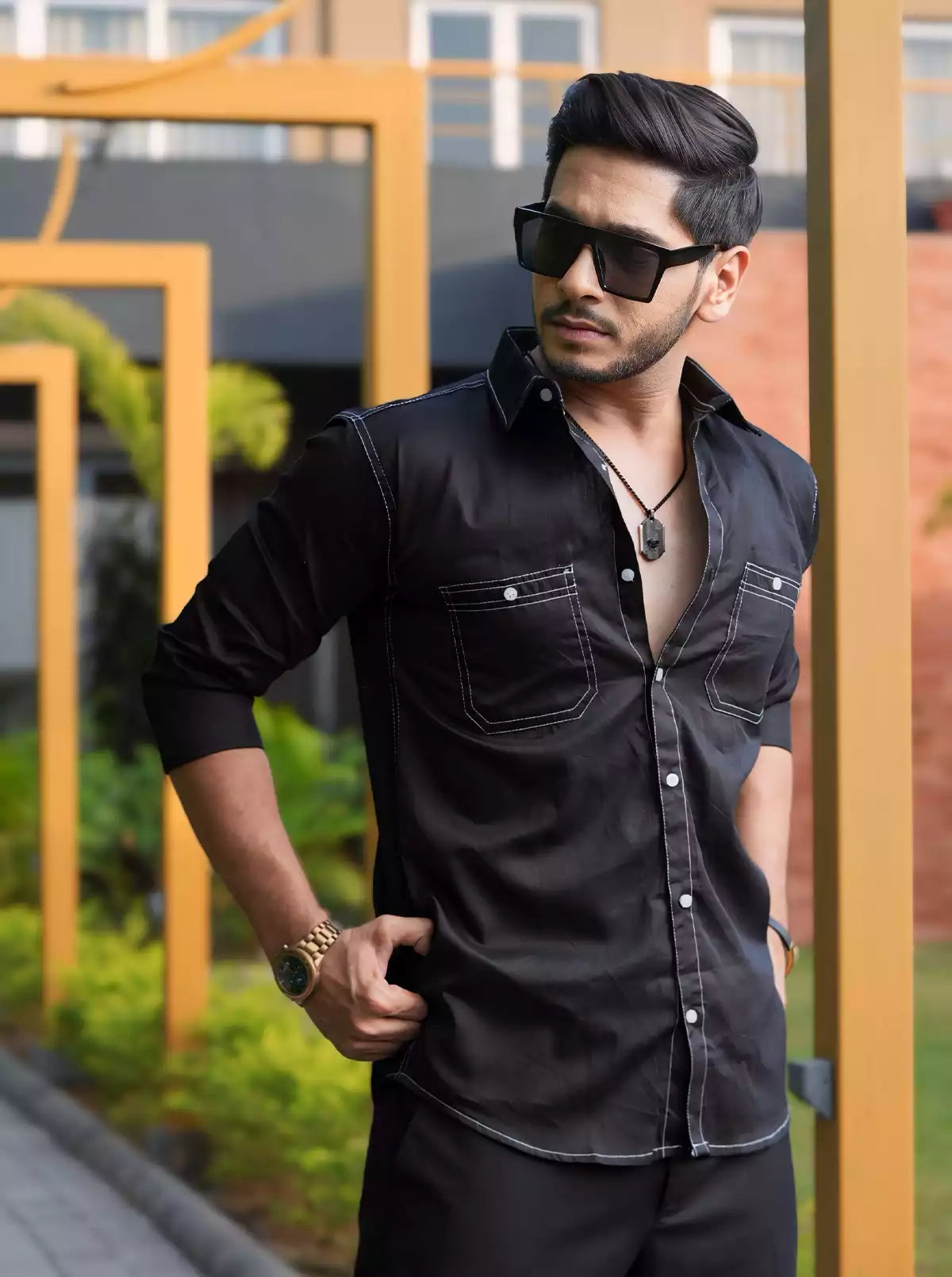 White Border Double Pocket Designer Shirt