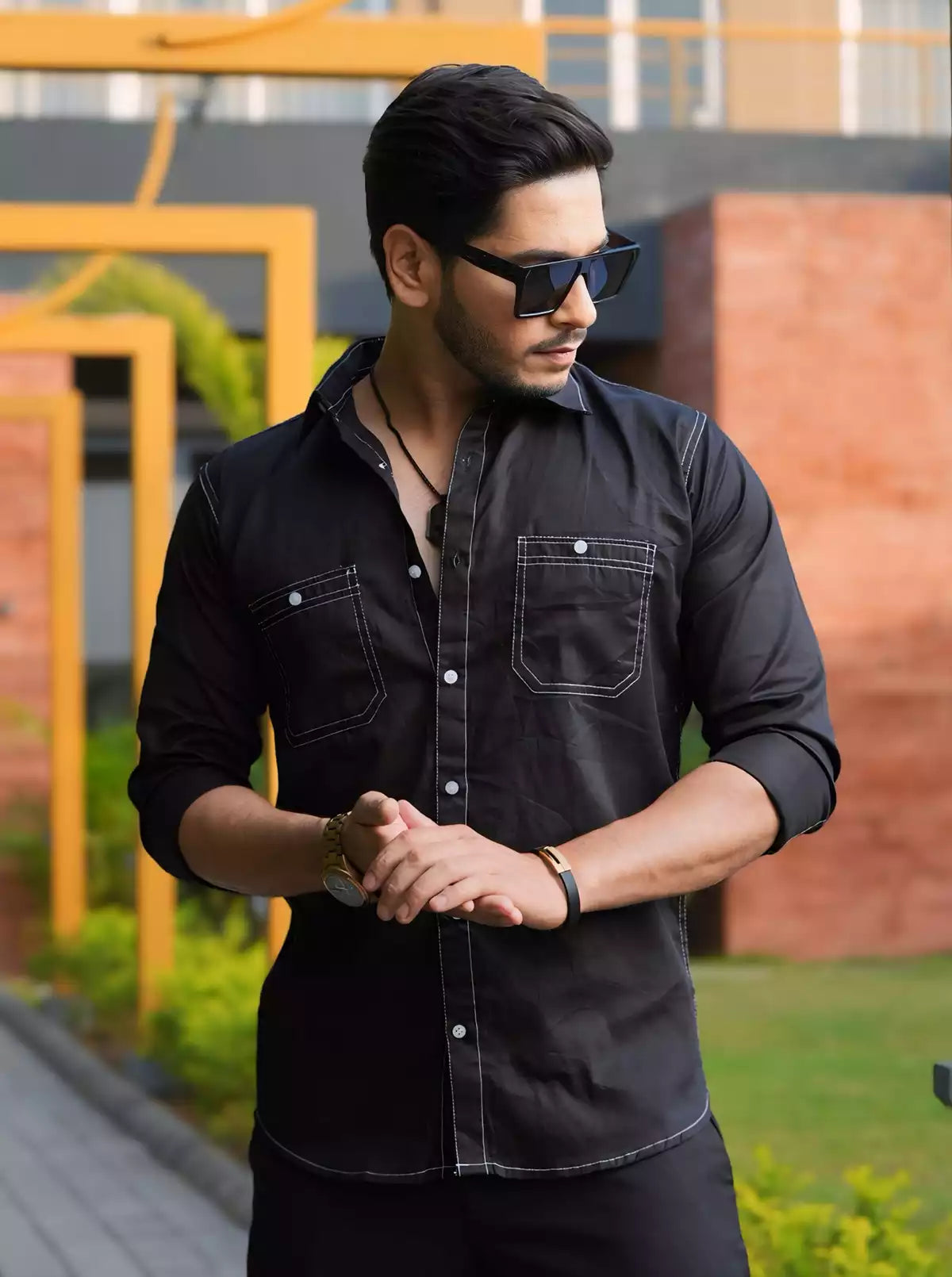 White Border Double Pocket Designer Shirt
