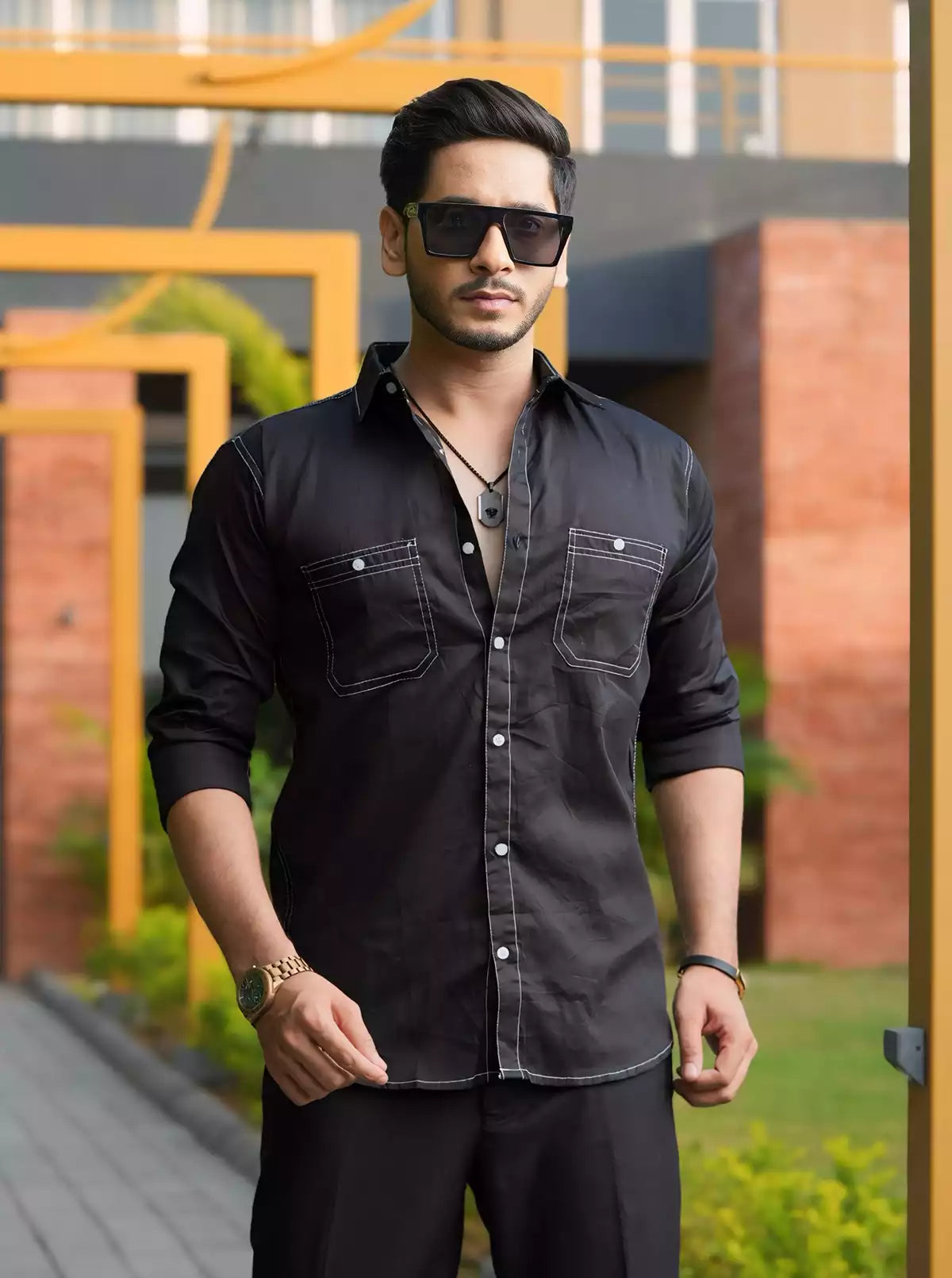 White Border Double Pocket Designer Shirt