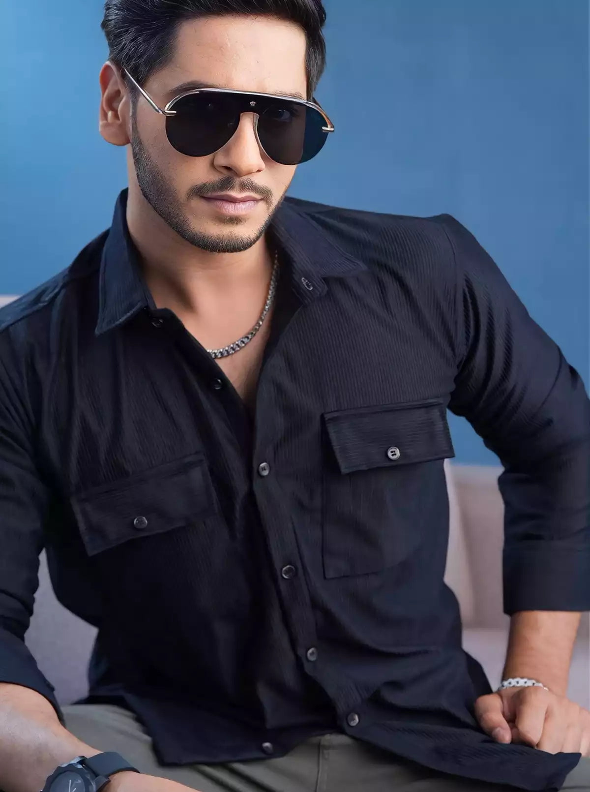 Black Double Pocket Designer Shirt