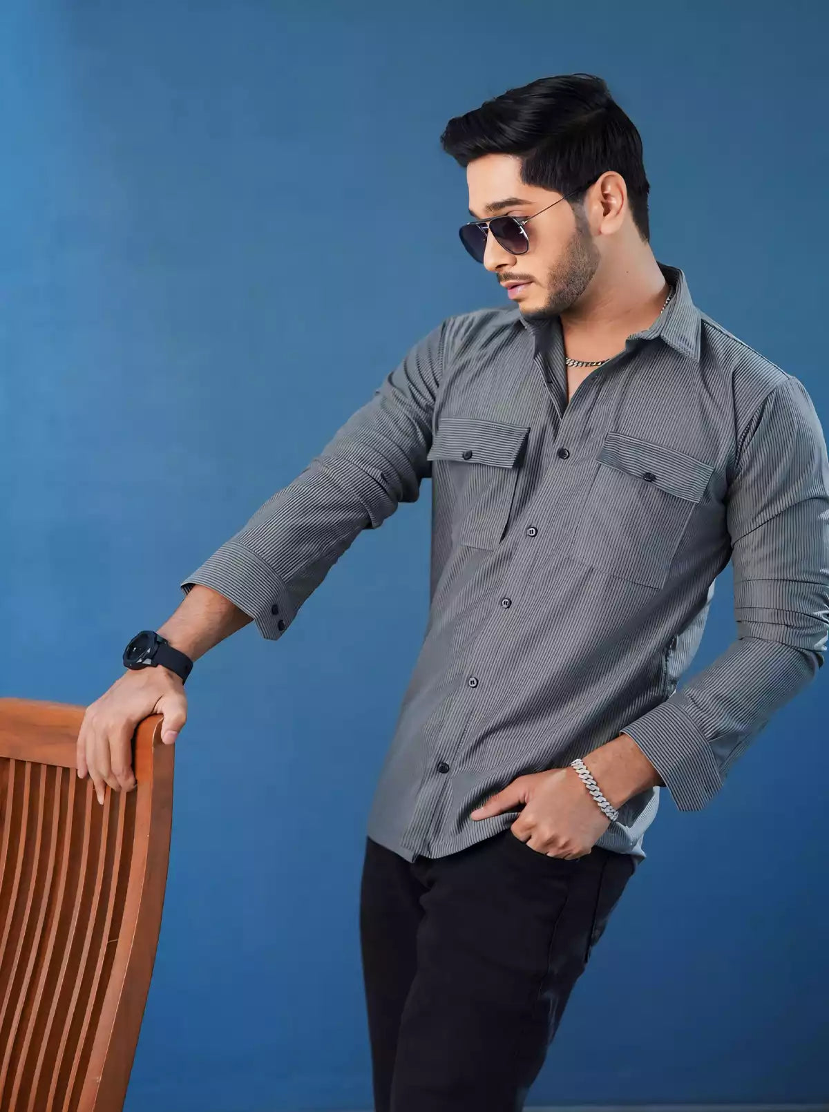 Gray Double Pocket Designer Shirt