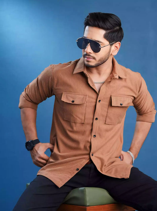 Brown Double Pocket Designer Shirt