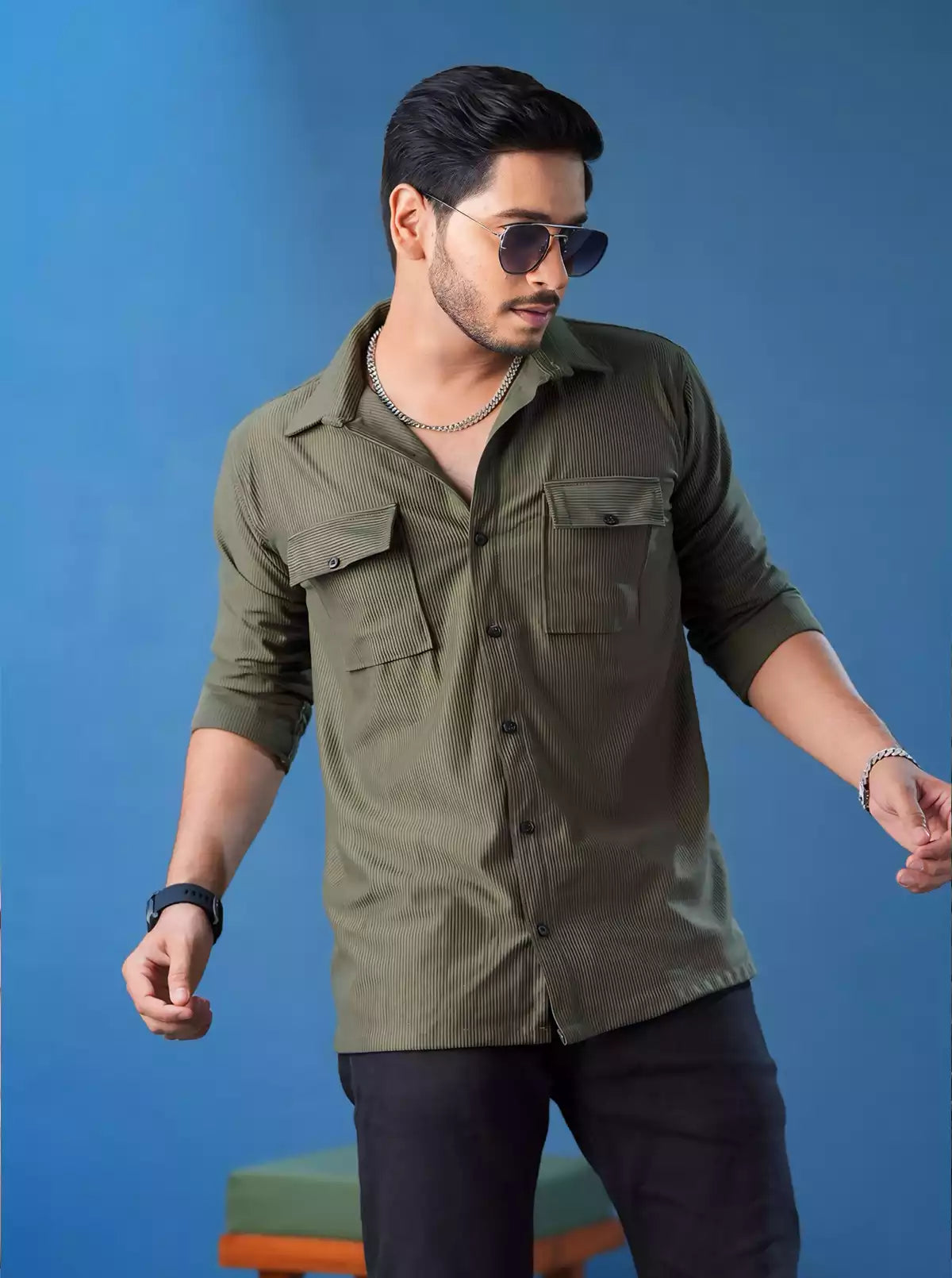 Olive Double Pocket Designer Shirt