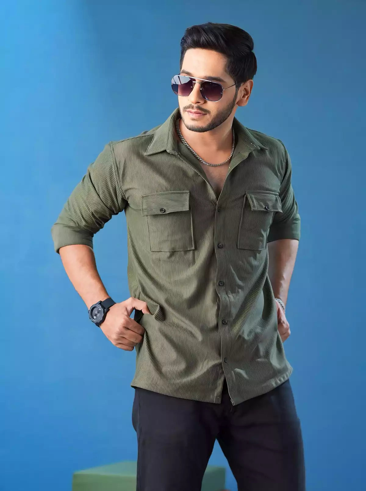 Olive Double Pocket Designer Shirt