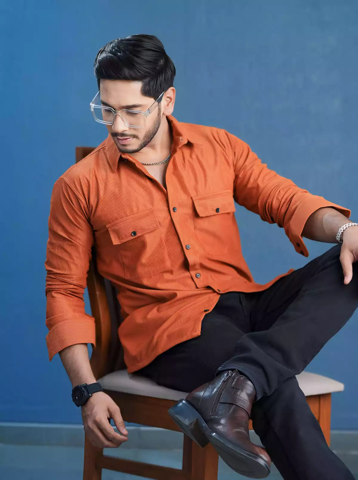 Orange Double Pocket Designer Shirt