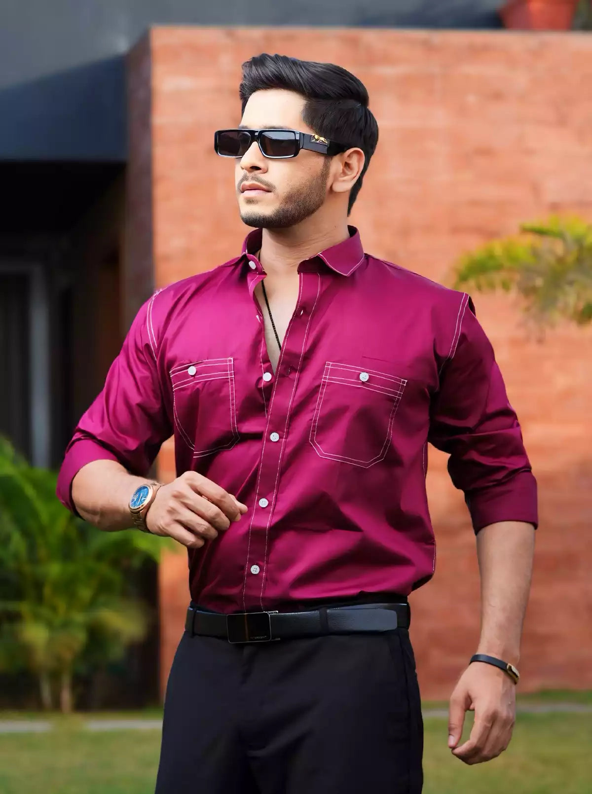 Pink Double Pocket Designer Shirt